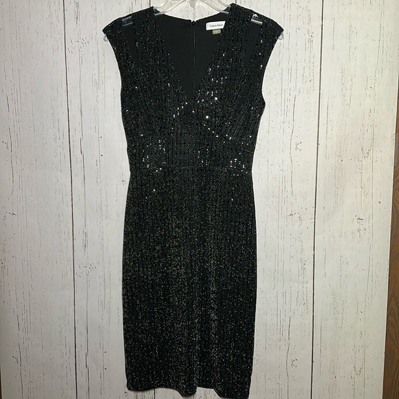 Calvin Klein V Neck Black Bedazzled Sparkle Shoulder Cut Out Sleeveless Dress 2 - Picture 1 of 4